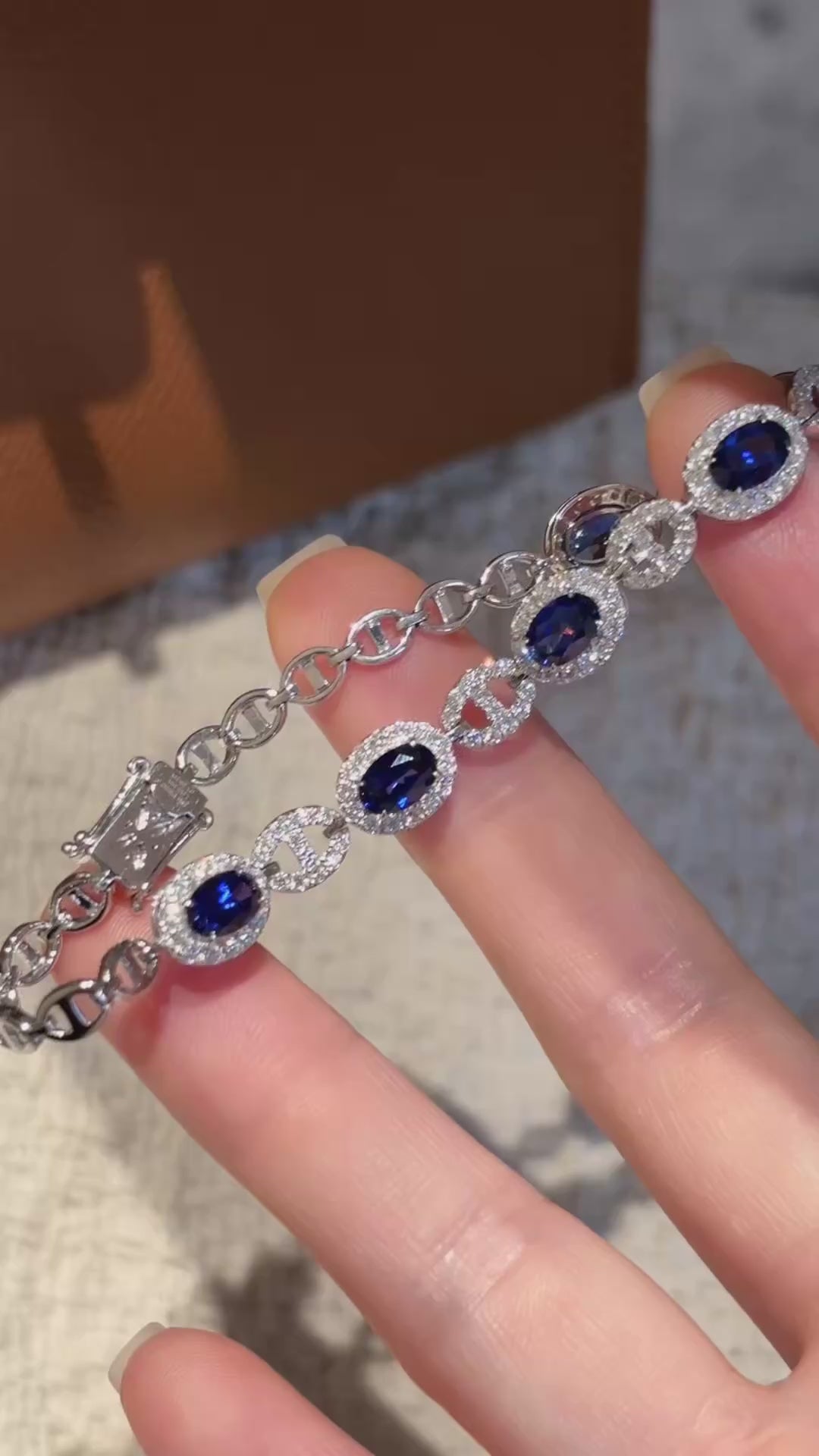 Lab Royal Blue Sapphire Bracelet | Horizontal Marquise Cut Full Band | Platinum