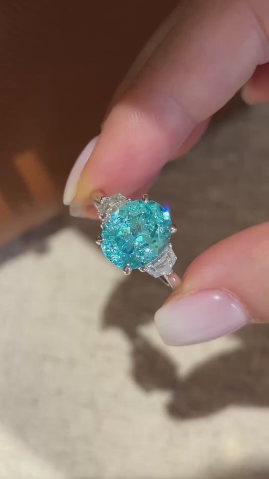 6.35ct 6.17g Stunning Neon Blue Paraiba Ring with Diamond Accents | Lab-Grown Luxury