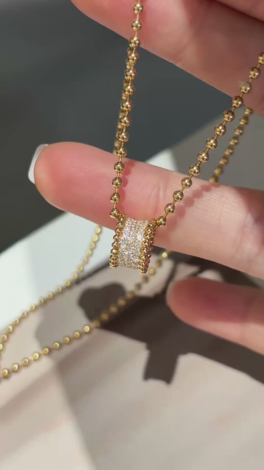 18K Yellow Gold Beaded Chain Pave Diamond Barrel Pendant Necklace