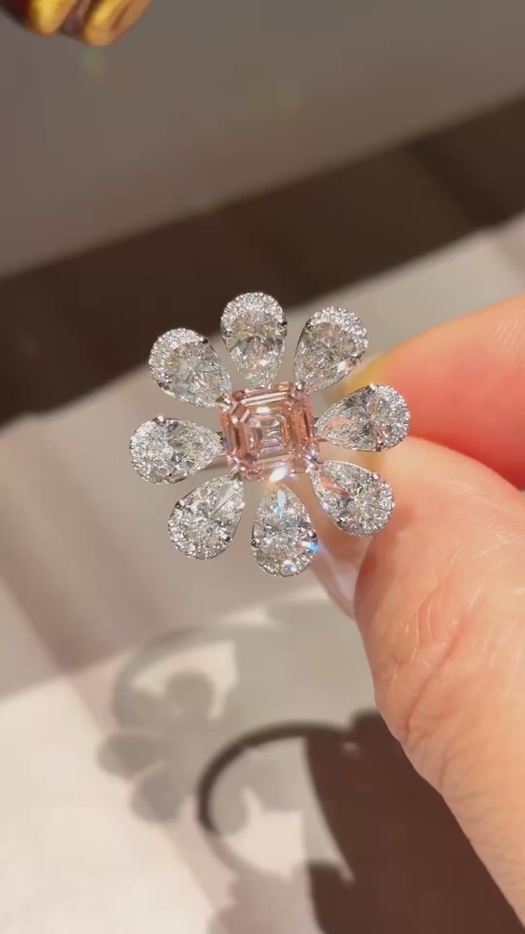 1.35ct 4.82g Blooming Radiant Cut Pink Lab Grown Diamond Ring | Floral Halo | 18k GOLD