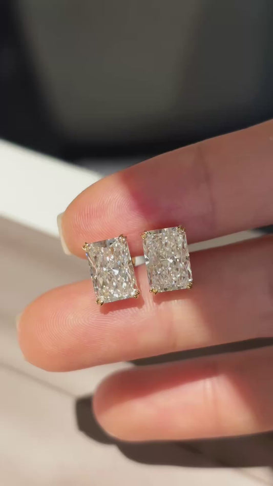 4.12ct/2 Radiant Cut Lab Grown Diamond Stud Earrings | Solitaire Setting | 18K Yellow Gold