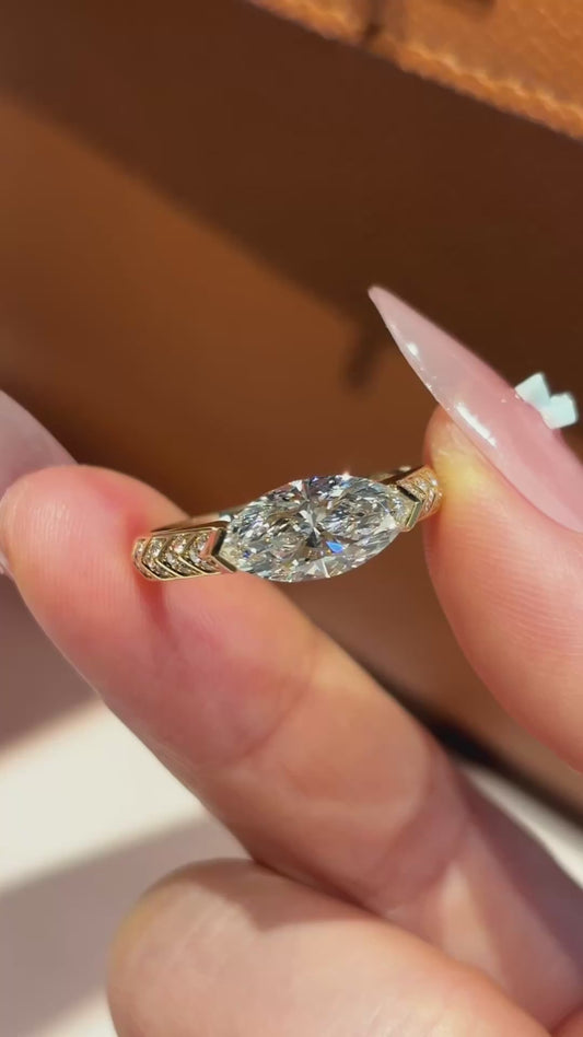 18K Gold Marquise Cut Diamond Solitaire with Pavé Accents