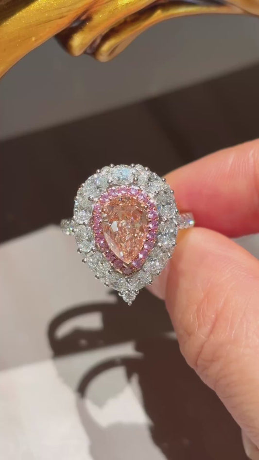 Luxe Double Halo Pink Diamond Ring | Rare Blush Pear-Shaped Cocktail Ring| Lab-Grown Gemstone