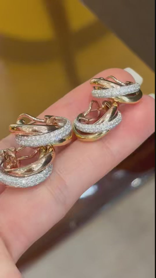 Triple Hoop Earrings | Full Diamond, Rose Gold & Yellow Gold | 18K Gold | Elegant Stackable Design