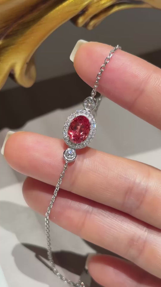 1.77ct 3.96g Oval Lab Padparadscha Sapphire Bracelet with Diamond Halo & Bezel Round Diamonds | Platinum