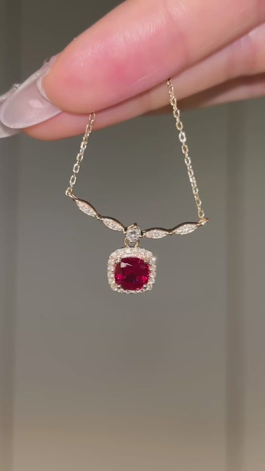 Lab Grown Ruby Cushion Cut Pendant Necklace  |  Everyday Elegance & Thoughtful Gifting | 18K Yellow Gold