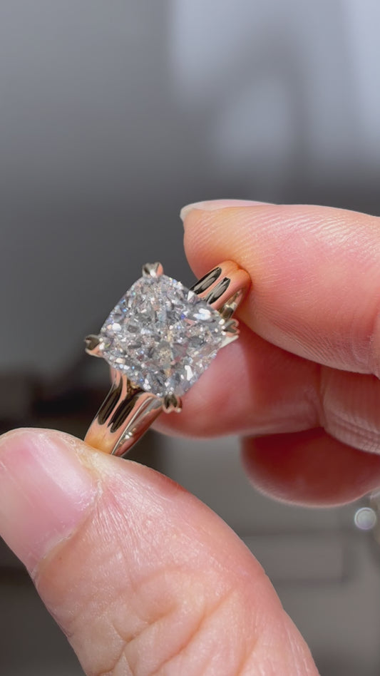 4CT Cushion Cut Lab Grown Diamond Solitaire Engagement Ring | Split Shank Four Prong  | 14K Yellow Gold