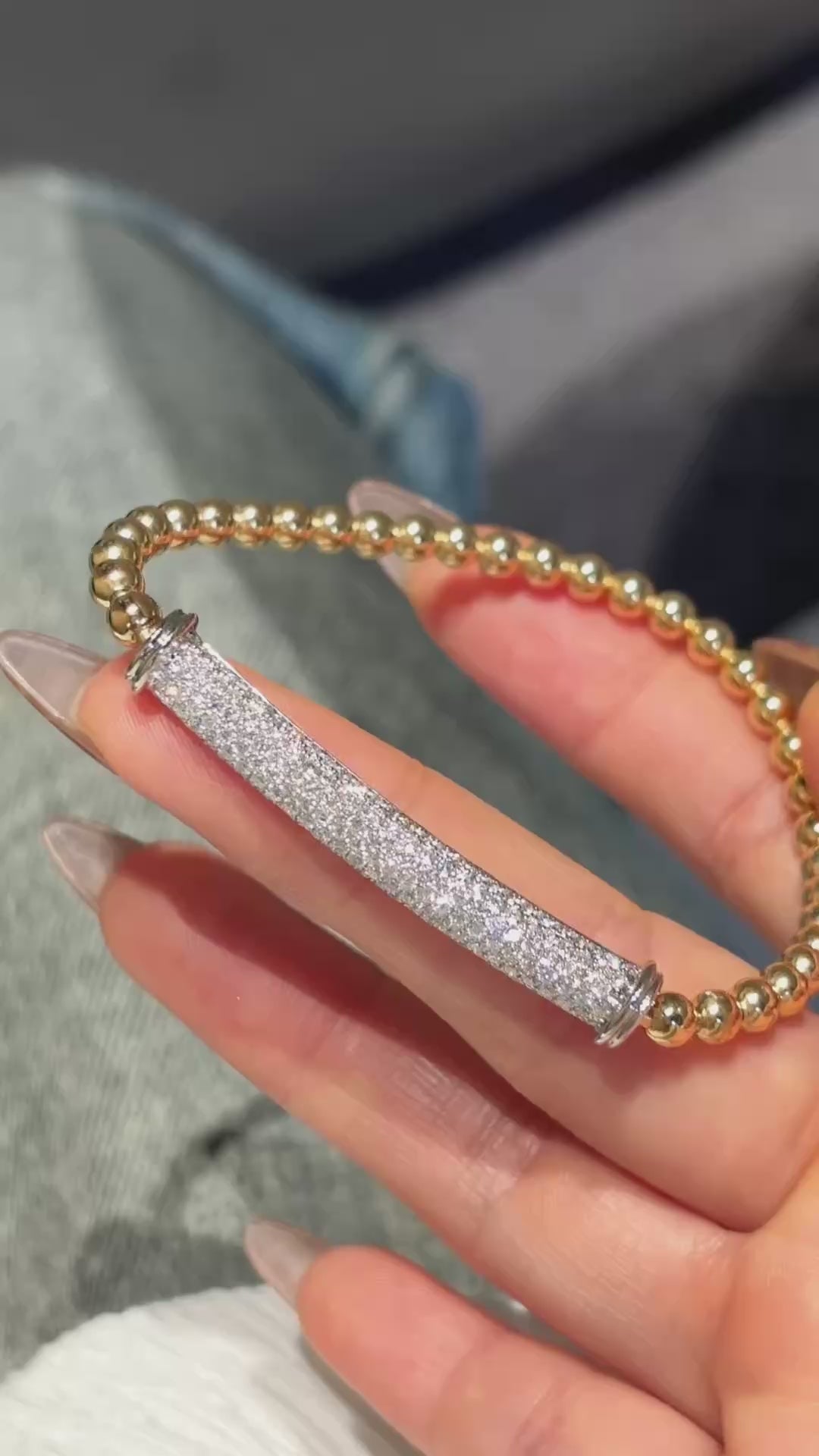 Half Bangle Half Bubble Bead Elastic Lab Grown Diamond Bracelet | Full Diamond Bangle | 18K Yellow Gold