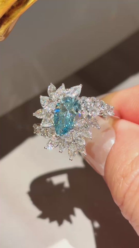 1.01ct Exquisite Pear Shape Fancy Blue Lab Grown Diamond Ring | Marquise Halo