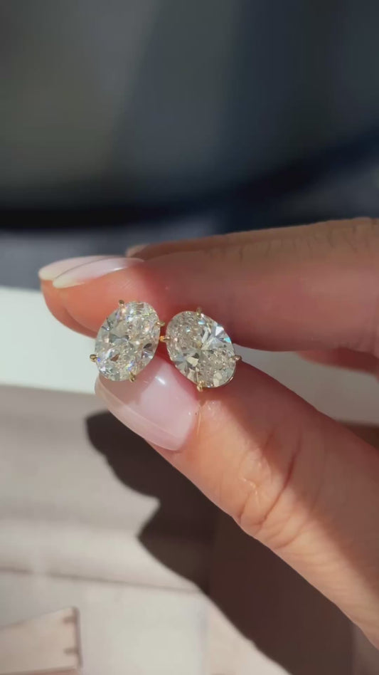 4.12ct/2 2.76g Oval Lab Grown Diamond Stud Earrings | Solitaire Setting | 18K Yellow Gold