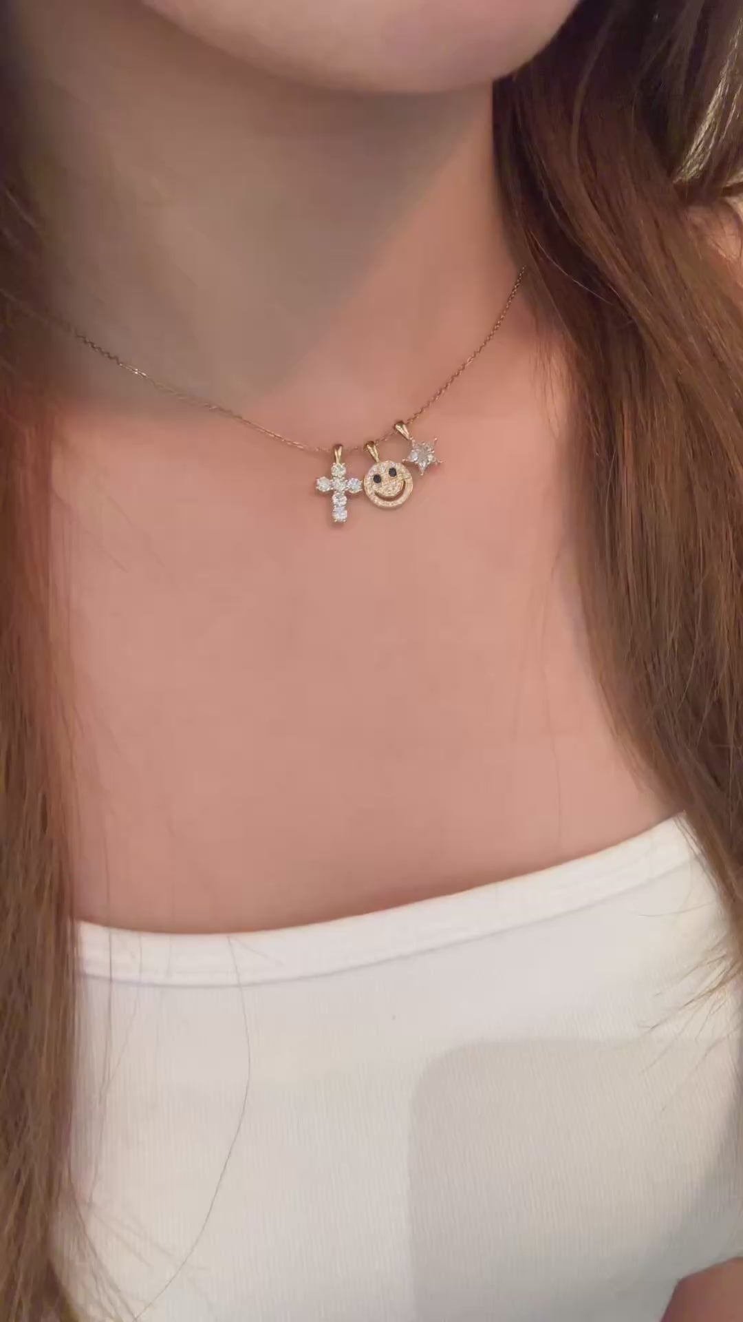 Smiley, Cross & Star Lab Grown Diamond Necklace | 3 Pendant Fun Design | 18K Yellow Gold