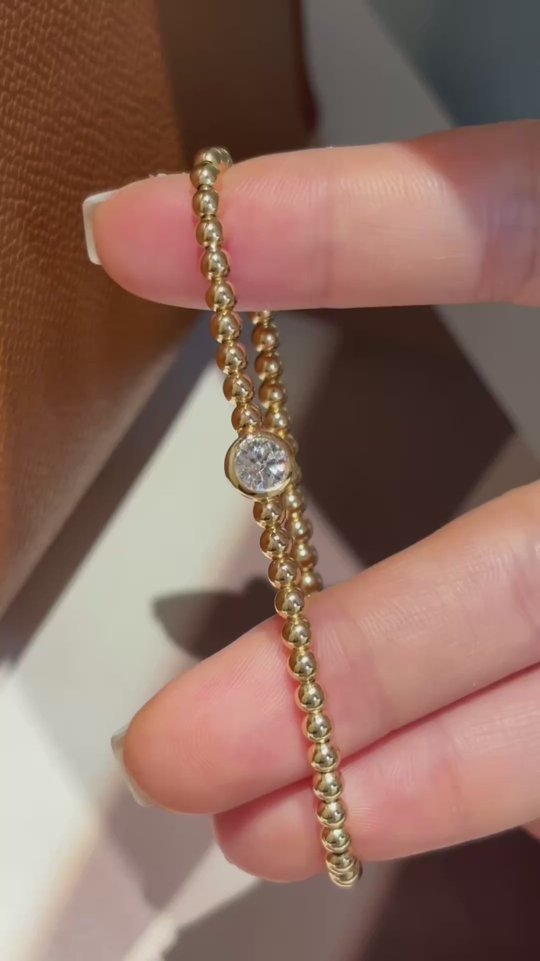 0.515ct  4.89g Bezel Set Round Lab Grown Diamond Beaded Bracelet | Single Diamond | 18K Yellow Gold