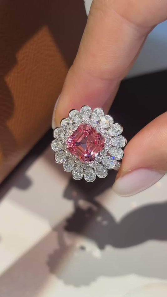 3.66ct 6.23gTimeless Pink Asscher Cut Engagement Ring | Floral Halo Lab-Grown Beauty
