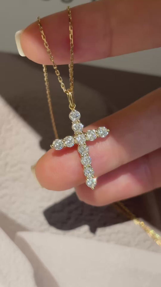 Round Lab Grown Diamond Cross Pendant  | 18K Yellow Gold