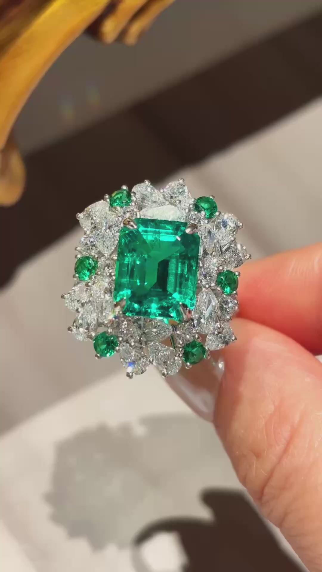 4.21ct 8.48g| Lab Grown Emerald Ring | Emerald Cut Diamond Halo & Accents