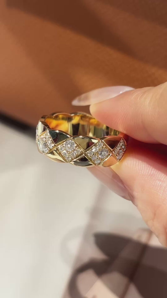 Quilted Pavé Diamond Cuff Ring | Statement Diamond Ring  | 18K Yellow Gold