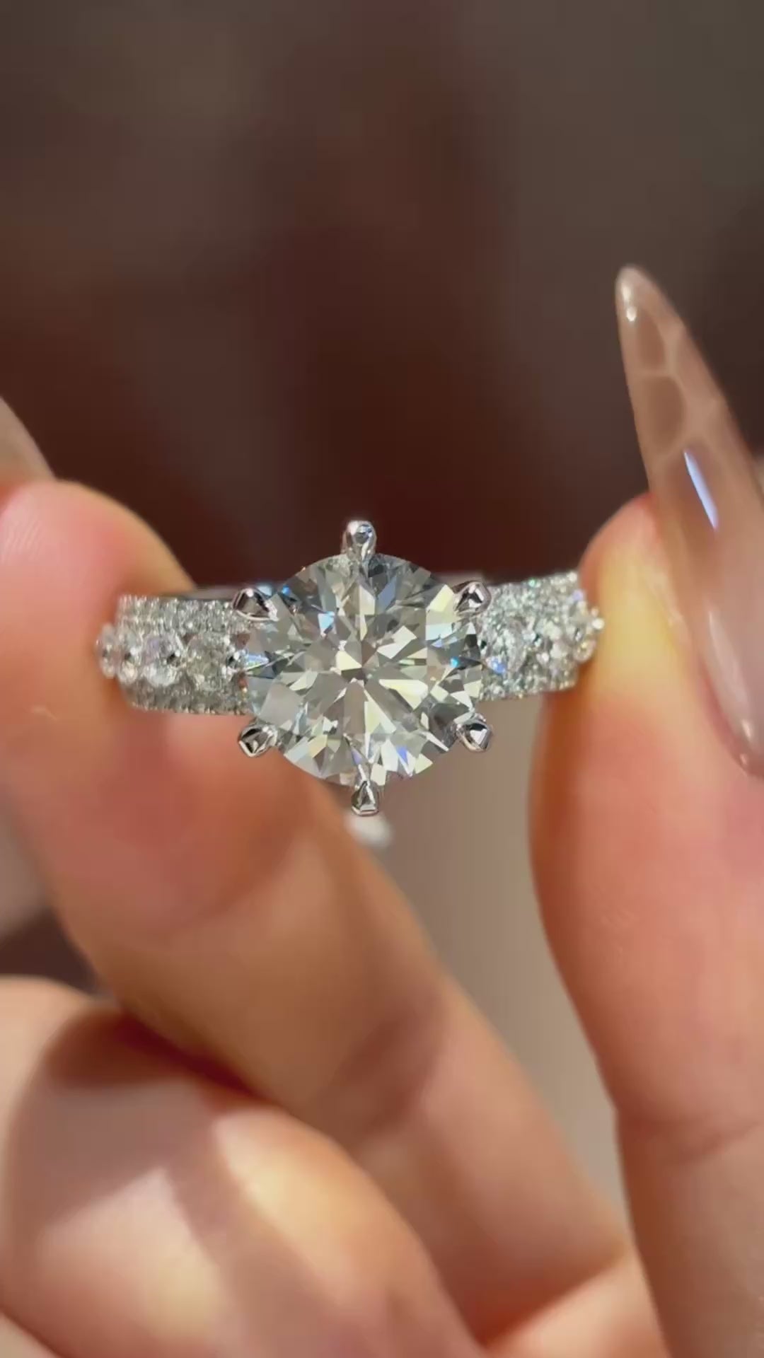 3ct Round Brilliant Lab Grown Diamond Ring | Pave Side Stone Engagement | 18K