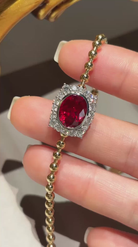 3.87ct 6.7g Oval Lab Ruby Bracelet with Diamond Halo | Beaded Chain Mix Metal Design | 18K Gold