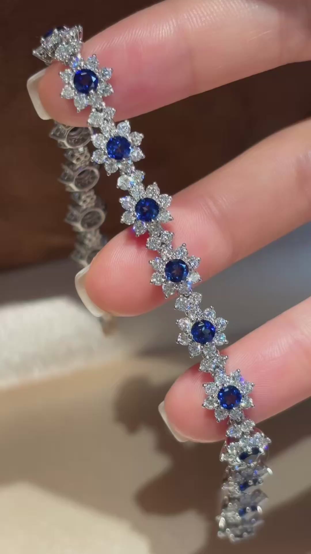 Sunflower Lab Royal Blue Sapphire & Diamond Bracelet | Full Floral Design | Luxury | Platinum