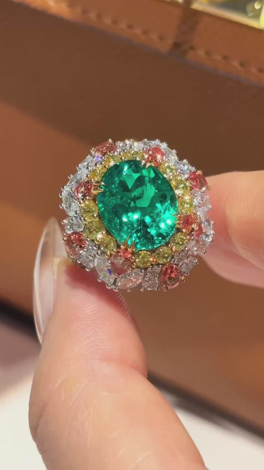 Vivid Green Paraiba Tourmaline Cluster Ring with Multi-Color Sapphires & Diamonds
